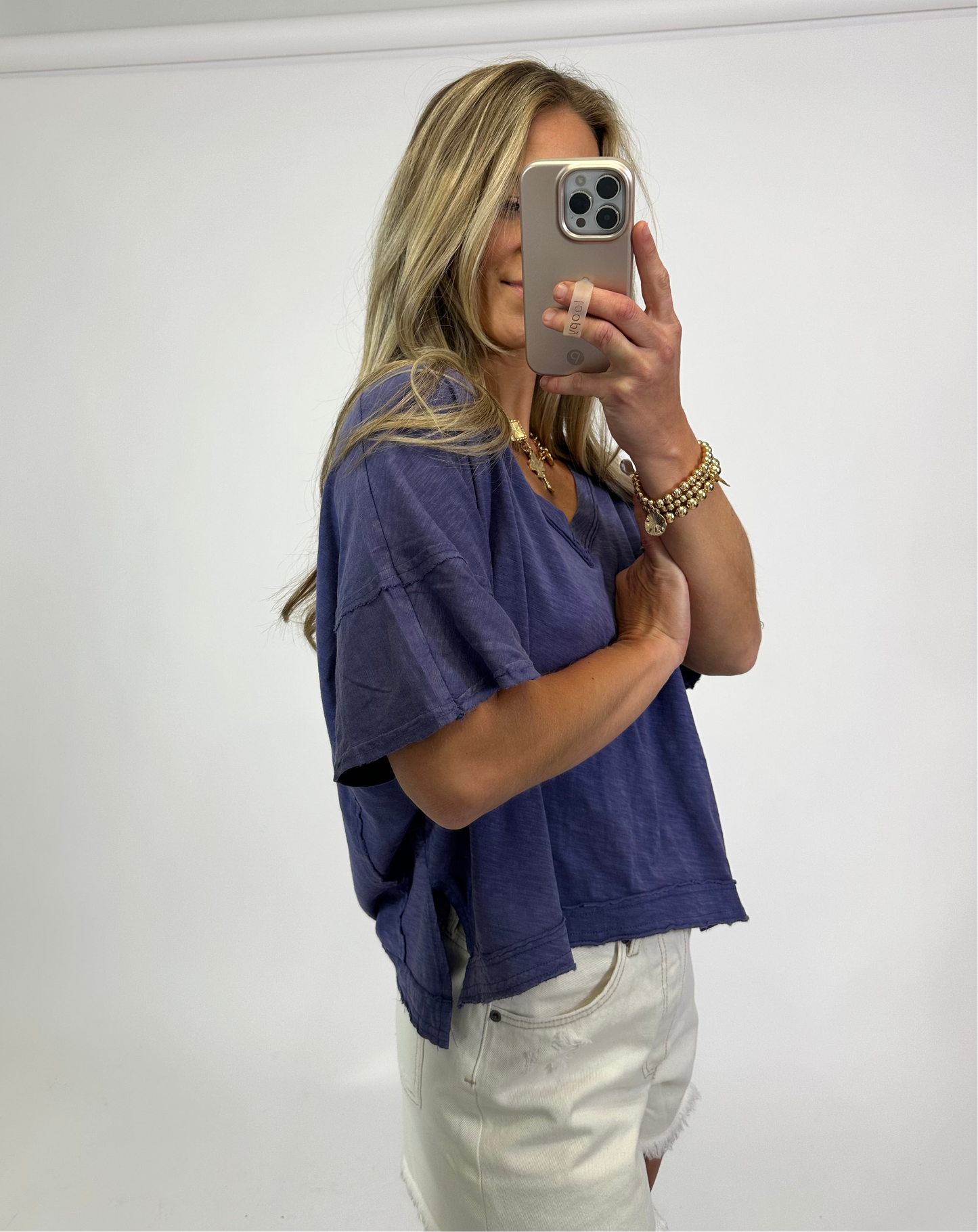 Edge V-Neck Tee - Dusty Indigo | August Moon Boutique