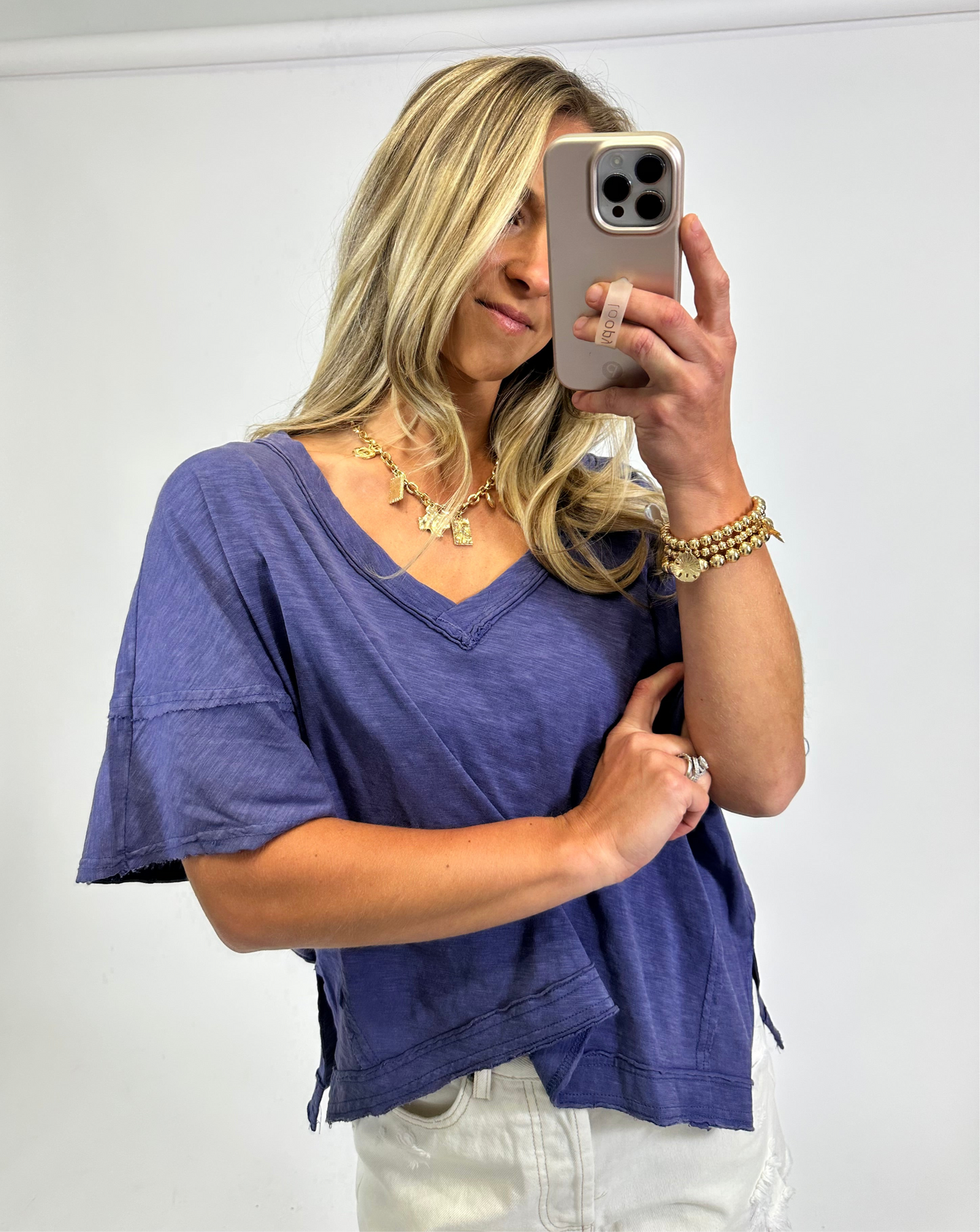 Edge V-Neck Tee - Dusty Indigo | August Moon Boutique