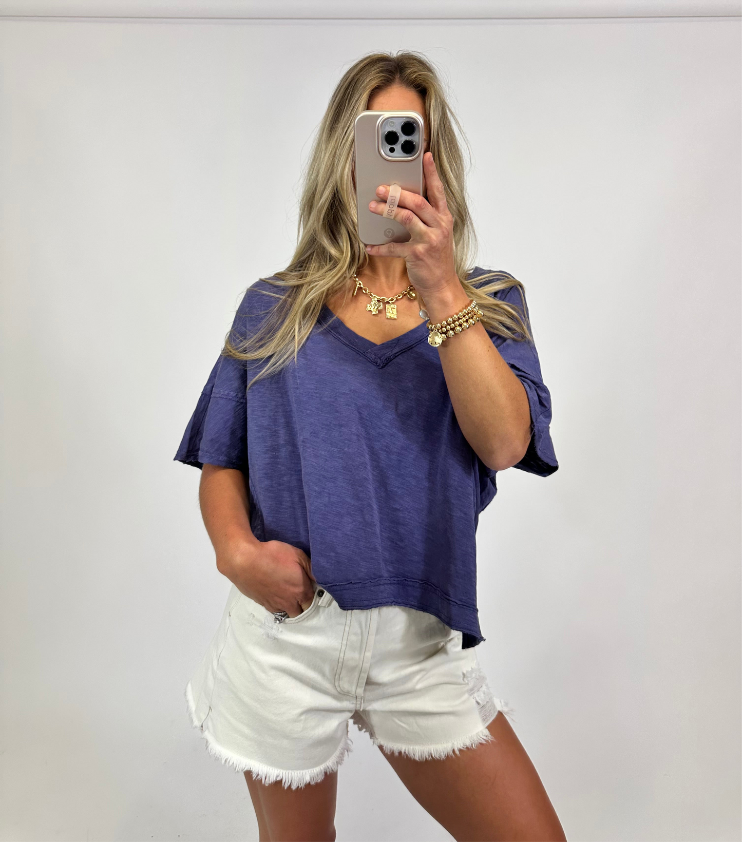 Edge V-Neck Tee - Dusty Indigo | August Moon Boutique