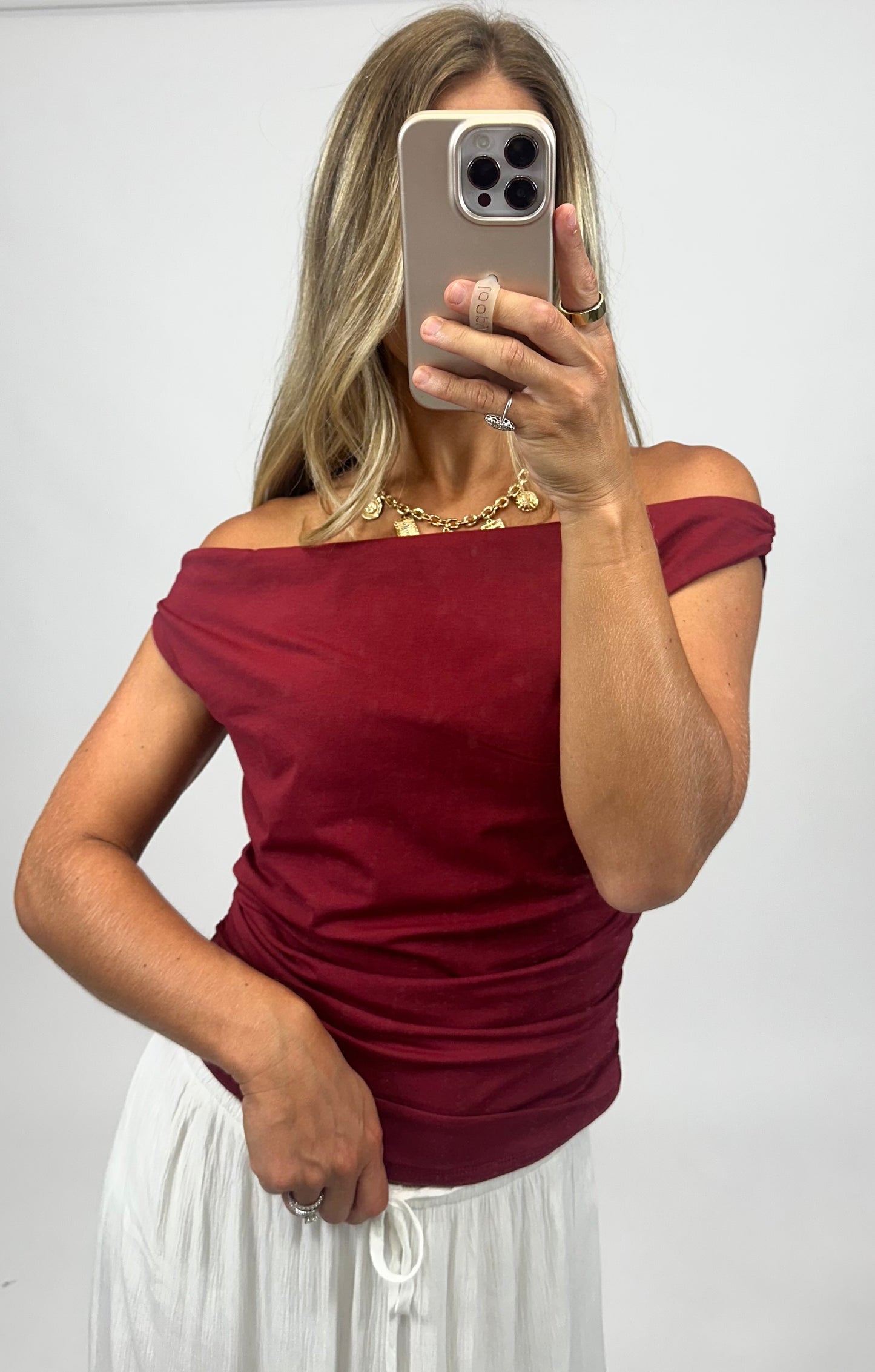 Crimson Charm Off-Shoulder Top