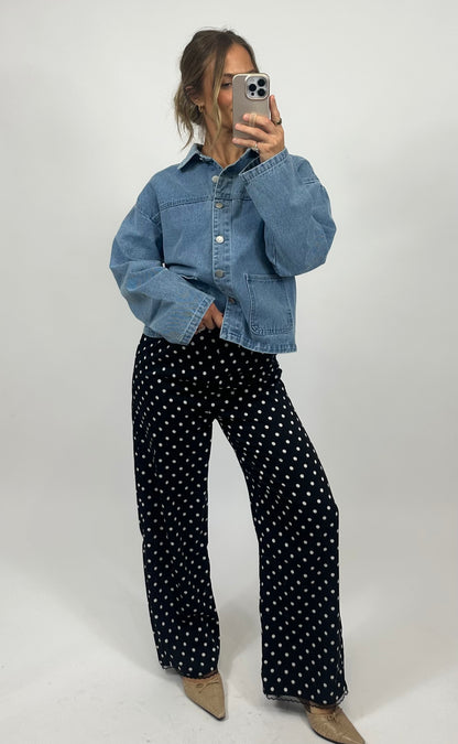 womens black and white polka dots with demin shirt