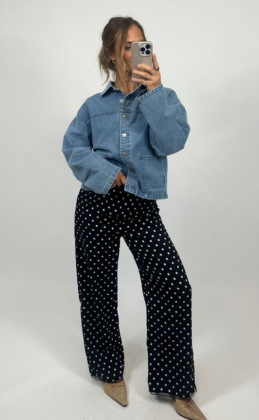 womens black and white polka dots with demin shirt