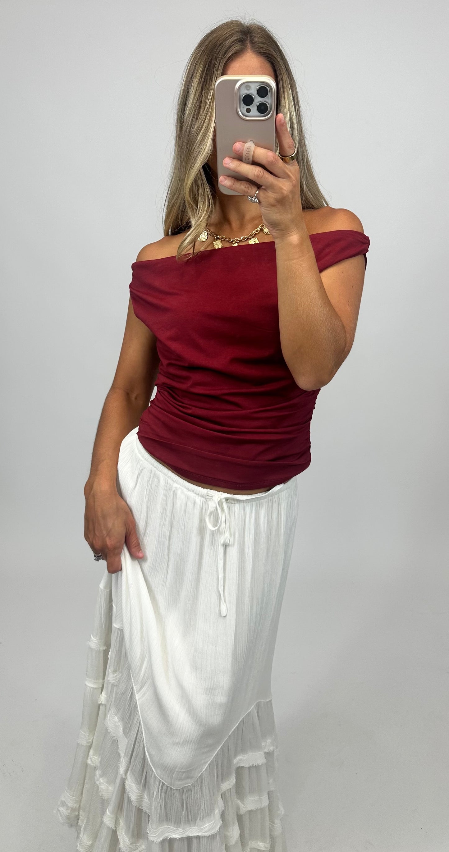 Crimson Charm Off-Shoulder Top