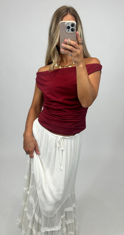 Crimson Charm Off-Shoulder Top
