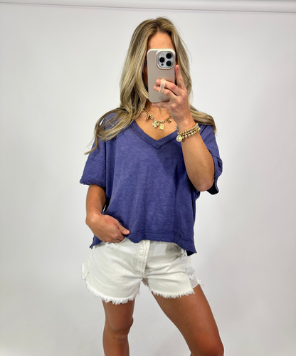 Edge V-Neck Tee - Dusty Indigo | August Moon Boutique
