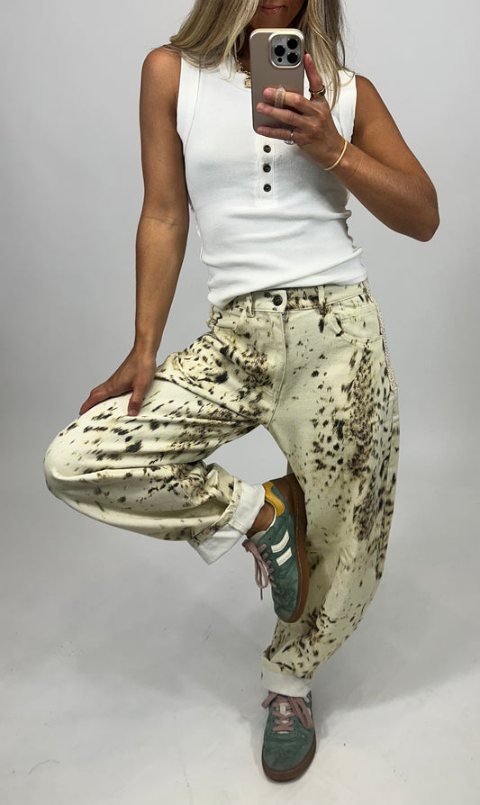 Cream Printed Barrel Leg Pants