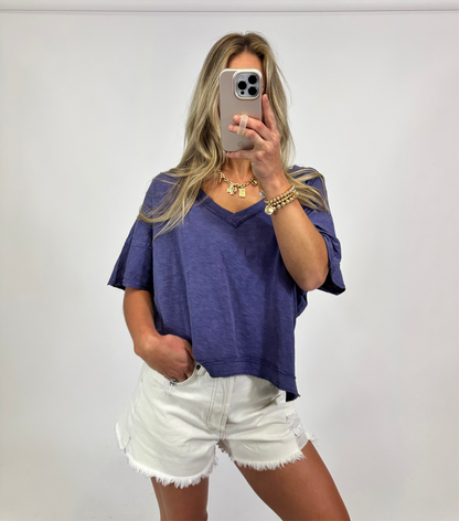 Edge V-Neck Tee - Dusty Indigo | August Moon Boutique