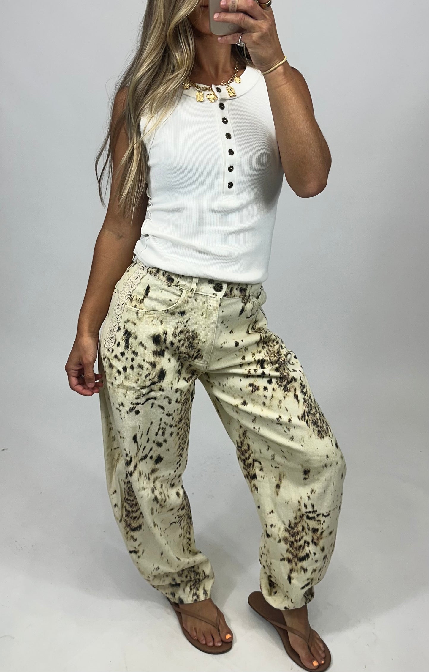 Cream Printed Barrel Leg Pants
