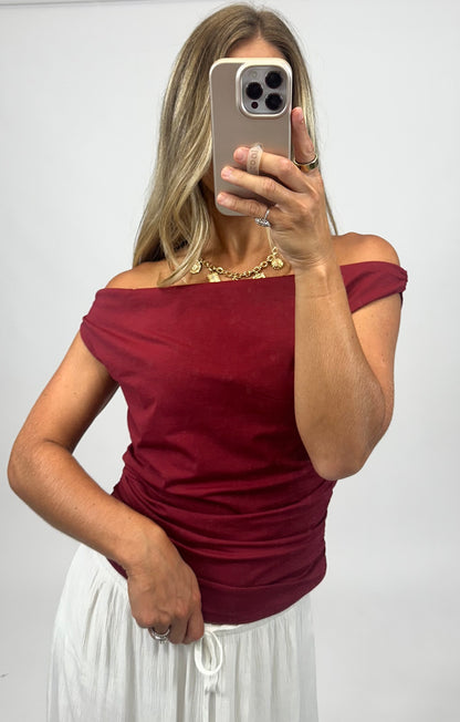 Crimson Charm Off-Shoulder Top