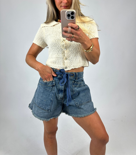 Washed Denim Tie Shorts