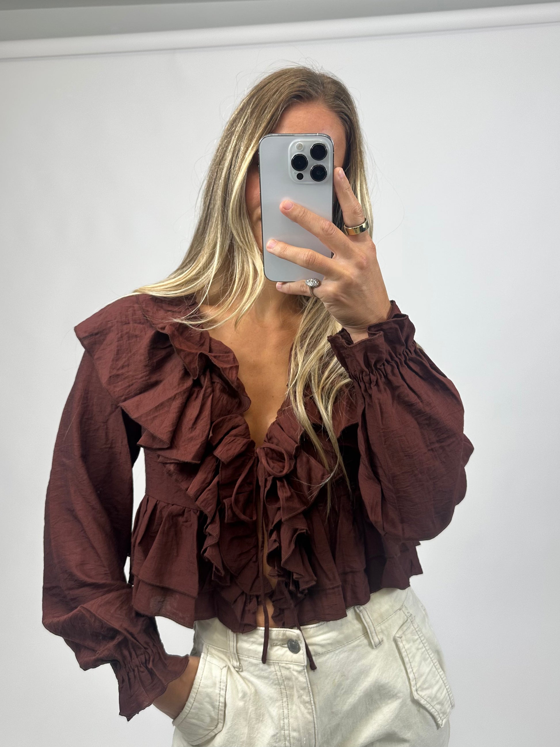 long sleeve brown ruffled blouse for women