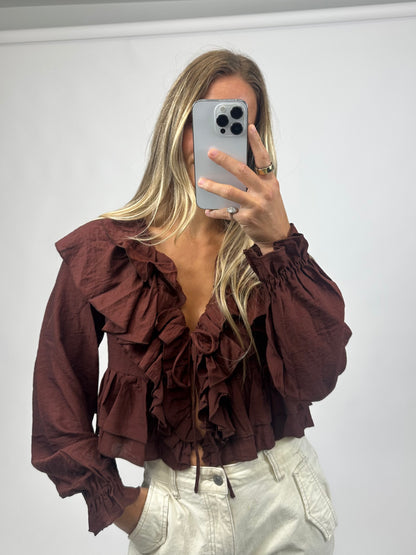 long sleeve brown ruffled blouse for women