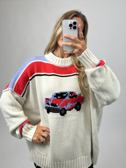 mock neck sweatshirt with a vintage car on it 