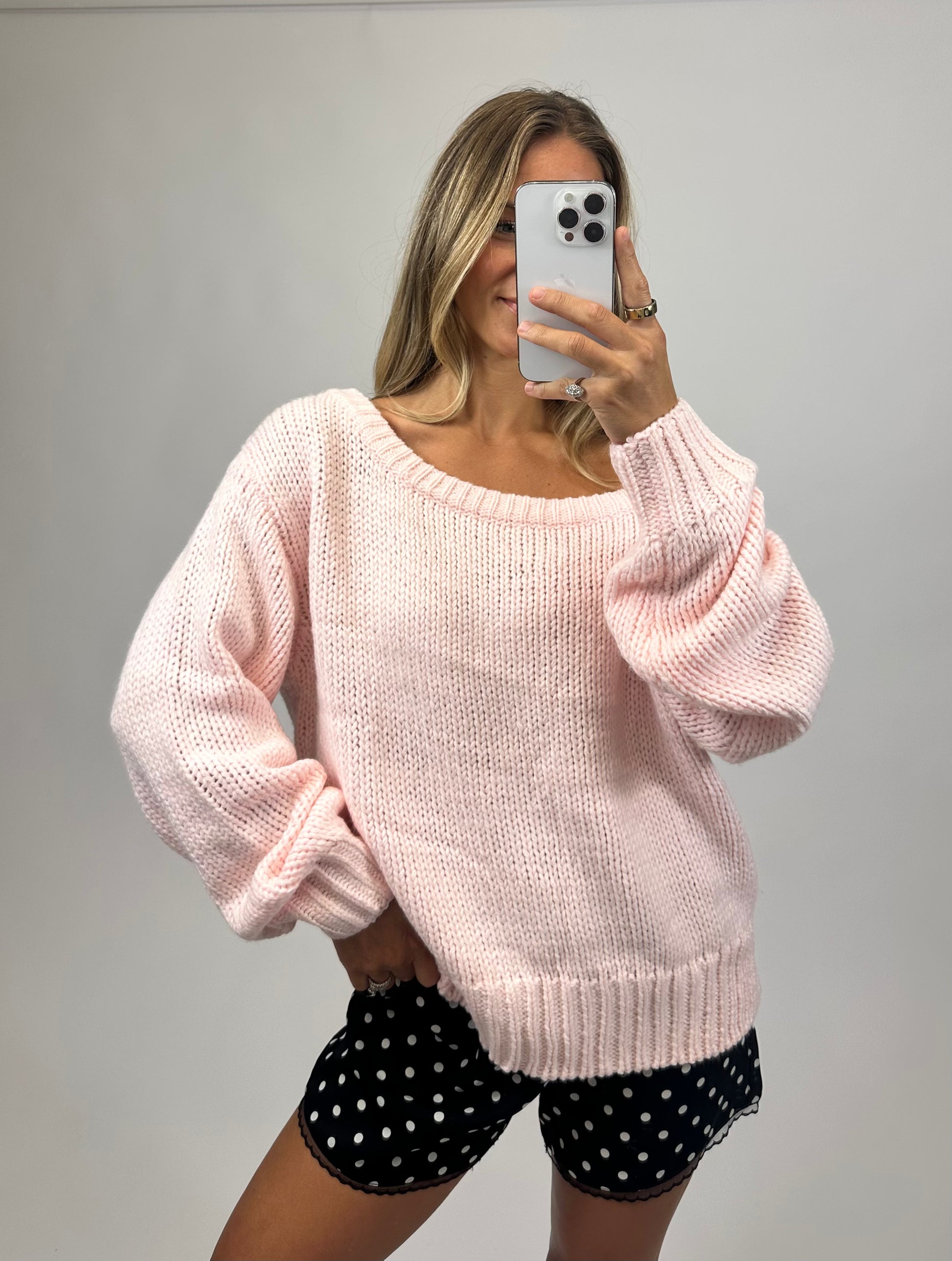 baby pink off the shoulder sweater for women