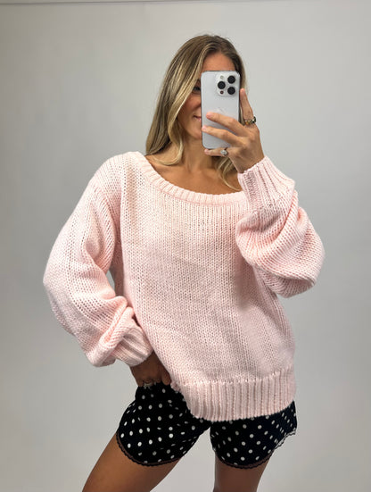 baby pink off the shoulder sweater for women