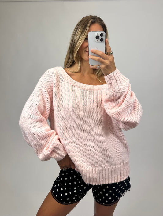 baby pink off the shoulder sweater for women