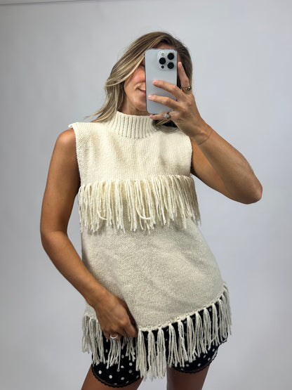 cream turtleneck sweater with fringe 