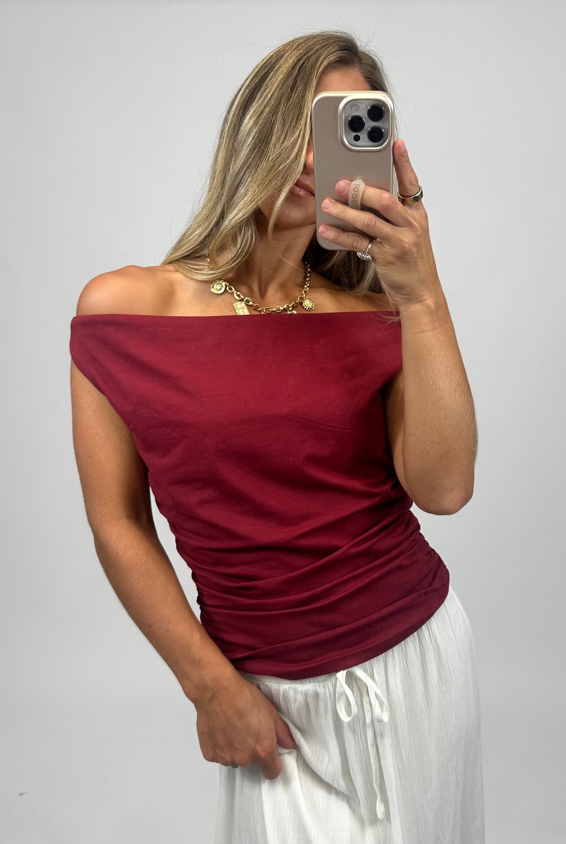 red off the shoulder ribbed top