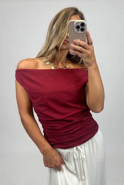 red off the shoulder ribbed top